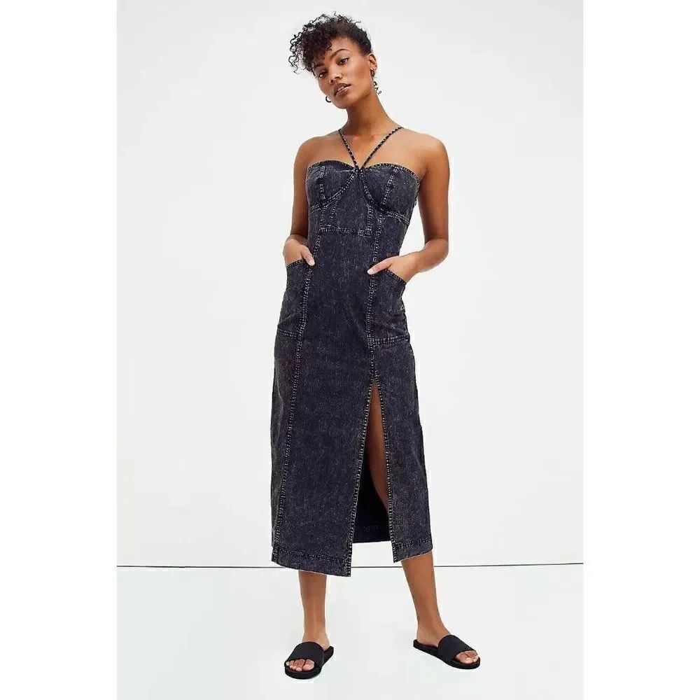 NEW FREE PEOPLE LUANNA DENIM MIDI DRESS IN WASHED BLACK